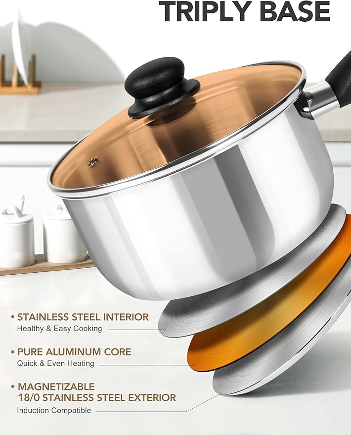 MICHELANGELO Stainless Steel Saucepan Set with Lid 1QT & 2QT & 3QT, Triply Base Stainless Steel Pot Set, Sauce Pot Set with Bakelite Handle