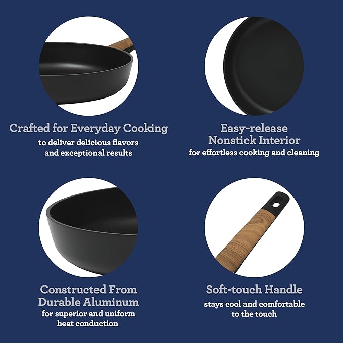 Oster Platinum Oxburg 12 Inch Frying Pan Forged Aluminum PFA Free Non-toxic Premium Ceramic Non Stick Interior Skillet, Kitchen Egg Pan, Omelet Pan - Black w/Wood Handles