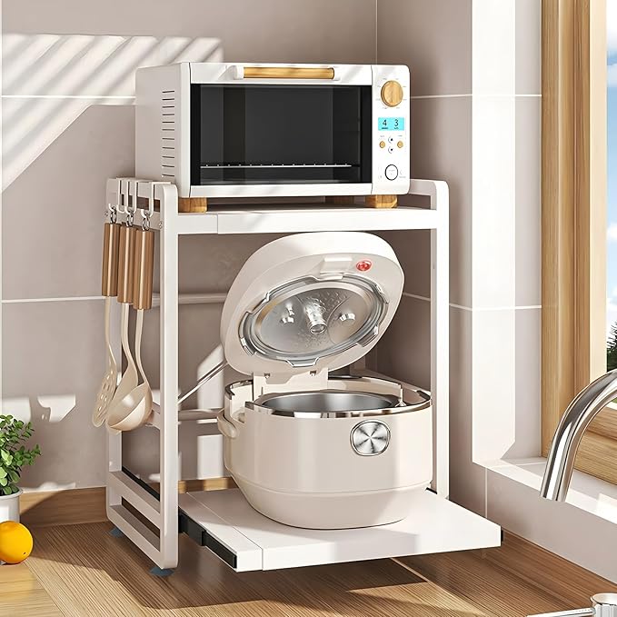 2-Tier Microwave Rack - Height Adjustable & Extendable Kitchen Shelf with Drawer - Carbon Steel - Includes Hooks & Reinforcement Suction Cups - Easy Assembly (White)