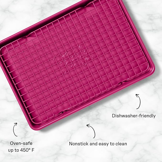 Great Jones Little Sheet Pan & Little Chill Rack Set (Raspberry) | 13.5 x 9.5 Heavy-Duty Nonstick Pan & Cooling Rack | Baking Tray & Wire Rack for Cooking, Baking, Roasting | Oven & Dishwasher Safe