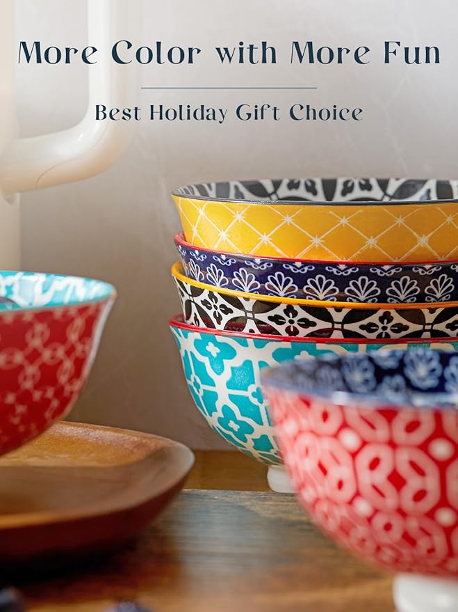 DOWAN Soup Bowls Set of 6, Cereal Bowls for Kitchen, 23 OZ Large Ceramic Bowl, Colorful Vibrant Patterned Porcelain Bowls for Kitchen Decor and Housewarming Gift, Dishwasher and Microwave Safe