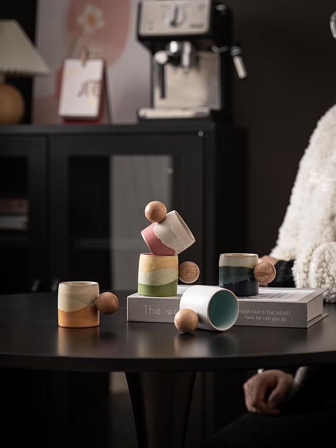 2-Oz Ceramic Espresso Cups with Wood Handle, 2/4-Piece Set for Coffee, Tea, Latte - Dishwasher Safe, Multi-Color & Wood Styles, Gift & Café Use (pink, Round Handle4)