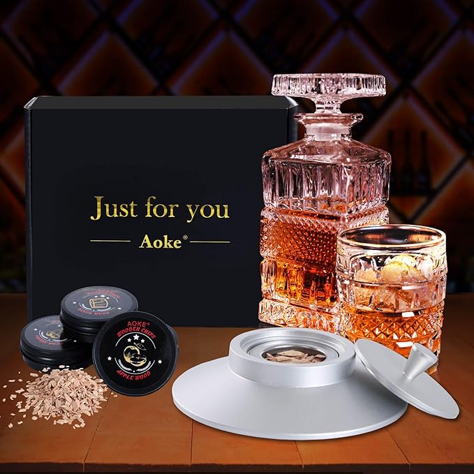 Cocktail Smoker Kit AOKE Metallic Whiskey Smoker Kit with 4 Flavors Wood Chips for Whiskey and Bourbon Old Fashioned Smoker Kit for Enhancing Drink Flavors Whiskey Gifts for Men Father's Day