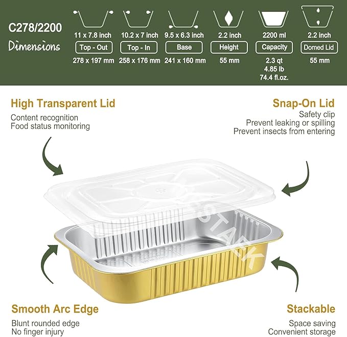 11"x 8" Sturdy Aluminum Foil Pans + Lids (20 Packs), 2X Thicker Heavy Duty for Oven, Grill, Microwavable Cooking Baking, Reusable Freezable Dishwasherable Disposable Foil Pan, 74oz