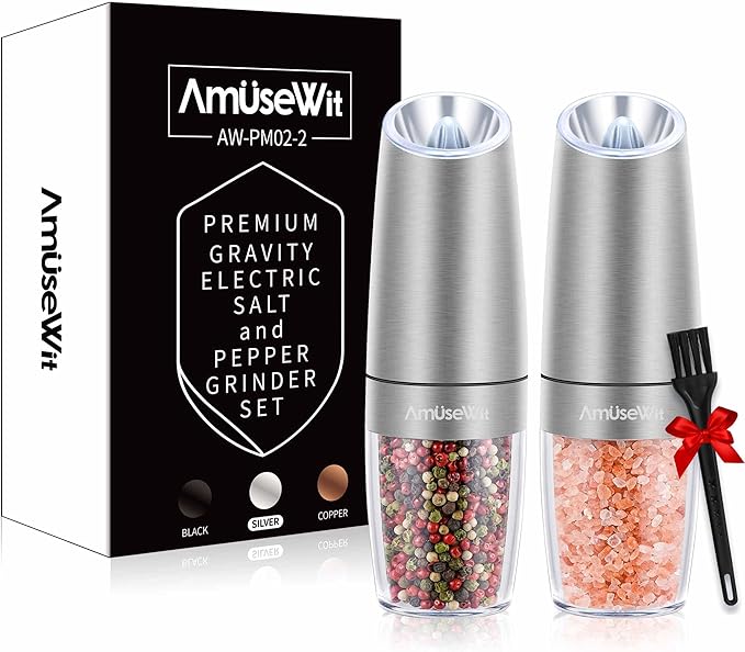 AmuseWit Gravity Electric Salt and Pepper Grinder Set [White Light] - Battery Operated Automatic Pepper and Salt Mills,Adjustable Coarseness,One-Handed Operation,Stainless Steel