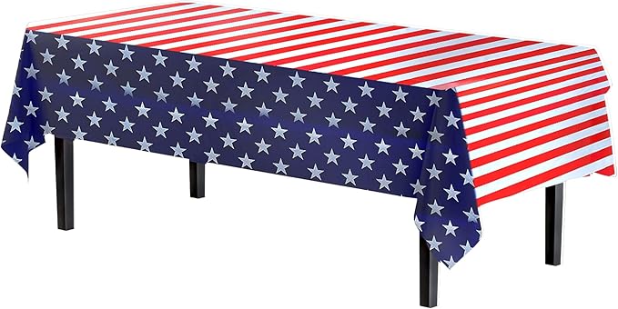 Exquisite Party Solids 12-Pack Premium Rectangle American Flag Design Plastic Tablecloth - USA Stars and Stripes Tablecloth Disposable Plastic Table Cover for July 4th - 54 inch. x 108 inch.