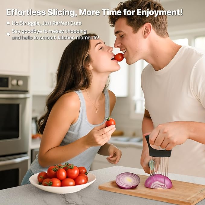 【2 PCS】Onion Holder for Slicing - Stainless Steel Vegetable & Fruit Cutter Chopper for Onions, Tomatoes, Avocados, Potatoes, Eggs, Meat & Lemon - Kitchen Slicer Assistant with Neat Guide & Tenderizer.