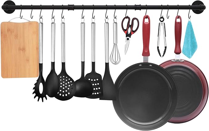 TLBTEK 50 inch Black Pipe Pot Bar Rack Wall Mounted Detachable Pans Hanging Rail Kitchen Lids Utensils Hanger Holders with 15 S Hooks