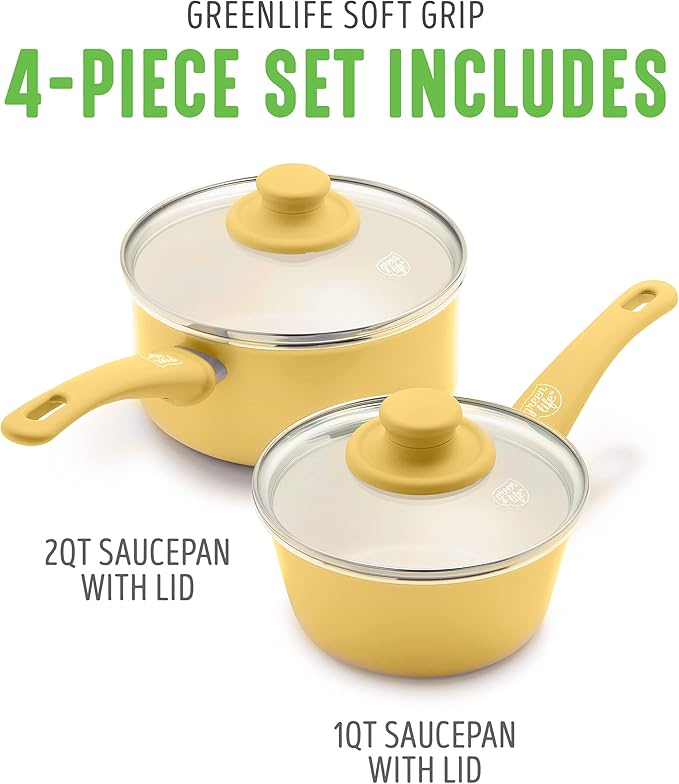 GreenLife Soft Grip 1QT and 2QT Saucepan Set, Healthy Ceramic Nonstick, Non Toxic PFAS & PFOA-Free, Dishwasher Safe, Glass Lids, Stay-Cool Handles, Easy Clean Cookware, Kitchen Essentials, Yellow