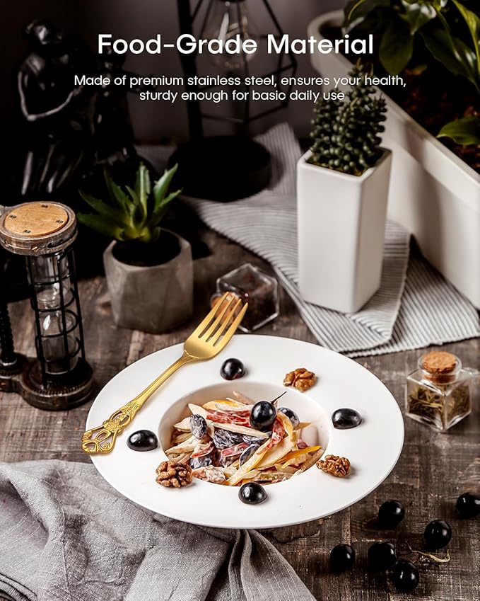 Gold Silverware Set, Ollex 24 Pieces Retro Flatware Set for 4 with Gold Spoons Forks Black Steak Knives Anti-rust Silverware Steel Cutlery Set, Gold Utensil set Mirror Polished&dishwasher safe