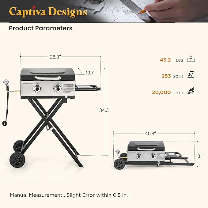 Captiva Designs 17 Inch 2 Burner Portable Propane Gas Griddle Grill with Lid, Outdoor Foldable Flat Top Grill with Stand for Barbecue, Camping and Tailgating