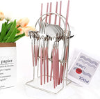 Pink Silver 24Pcs Flatware Set With Stand, Lightweight Dinnerware Set Stainless Steel Cutlery With Pink handles For Home Kitchen Wedding Party And Daily Use,Service For 6, Mirror Polish