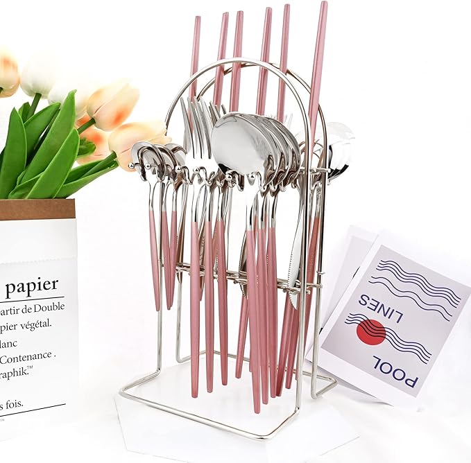 Pink Silver 24Pcs Flatware Set With Stand, Lightweight Dinnerware Set Stainless Steel Cutlery With Pink handles For Home Kitchen Wedding Party And Daily Use,Service For 6, Mirror Polish
