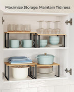 SONGMICS Cabinet Organizer Shelf, Set of 4 Kitchen Counter Shelves, Kitchen Storage, Spice Rack, Stackable, Expandable, Metal and Engineered Wood, Ink Black and Natural Beige UKCS10NB