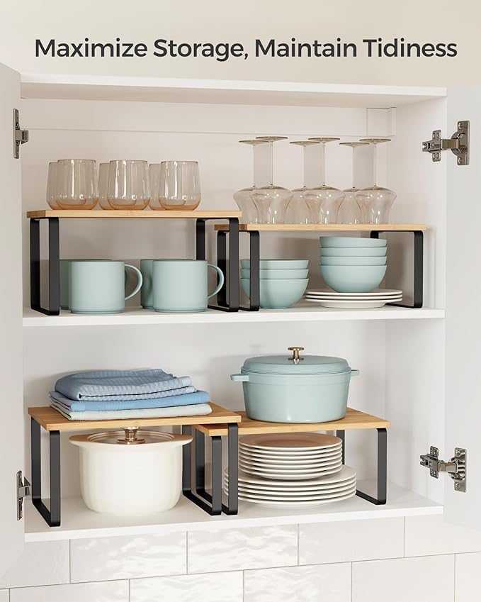 SONGMICS Cabinet Organizer Shelf, Set of 4 Kitchen Counter Shelves, Kitchen Storage, Spice Rack, Stackable, Expandable, Metal and Engineered Wood, Ink Black and Natural Beige UKCS10NB