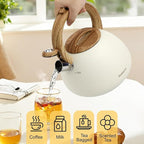 MARSKITOP Tea Kettle, 2.6 Quart Tea Pot for Stove, Food Grade Stainless Steel Whistling Teapot for Stovetop with Anti-Hot Handle, Suitable for All Heat Sources, Cream White
