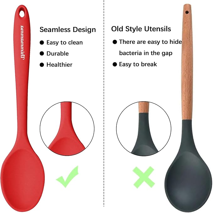 Silicone Spoons for Cooking, Heat Resistant Slotted Solid Silicone Kitchen Spoons Set, Red BPA Free Mixing Spoons Basting Spoon Stirring Spoon for Nonstick Cookware, 4 Pack