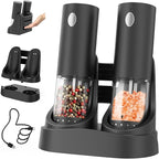 CIRCLE JOY Electric Salt and Pepper Grinder Set Automatic Salt and Pepper Grinder Set with Easy-to-Carry Charging Base and LED Light, Adjustable Coarseness, USB Rechargeable, Washable Container, Black
