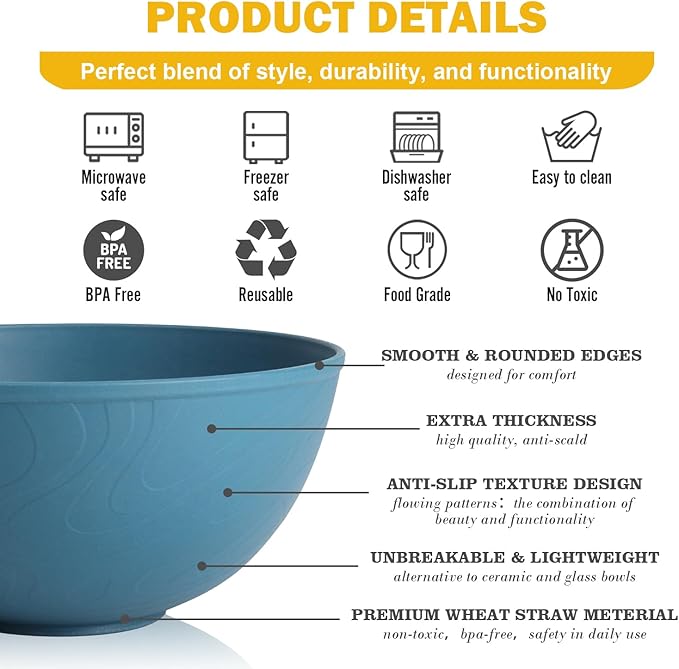 Cereal Bowls 40 OZ Set of 6, Unbreakable Lightweight Bowls Set, Microwave & Dishwasher Safe, Plastic Reusable Cereal Bowls for Soup, Salad, Noodle, Snack, Fruit, Blue