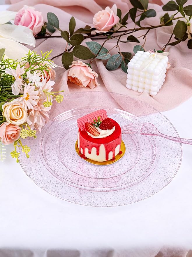 WDF 200PCS Pink Plastic Plates - Rose Gold Glitter Plastic Plates - Heavy Duty Pink Glitter Disposable Plates - Include 100 Dinner Plates 10" and 100 Dessert Plates 7" for Parties/Wedding