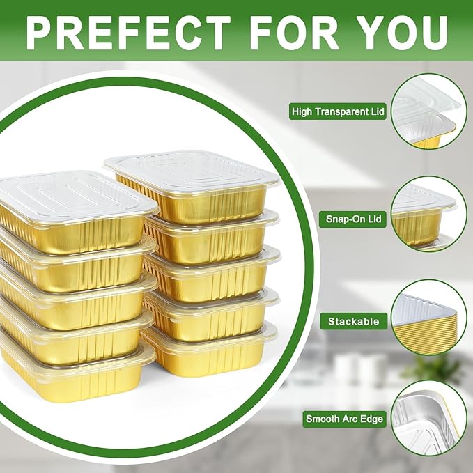 11"×8"×2" - 20 Pack 5LB/80oz Gold Aluminum Foil Pans with Lids Heavy Duty, Foil Food Containers with Lids, Tin Foil Pans for Baking, Meal Prep, Freezer, Heating and Takeout