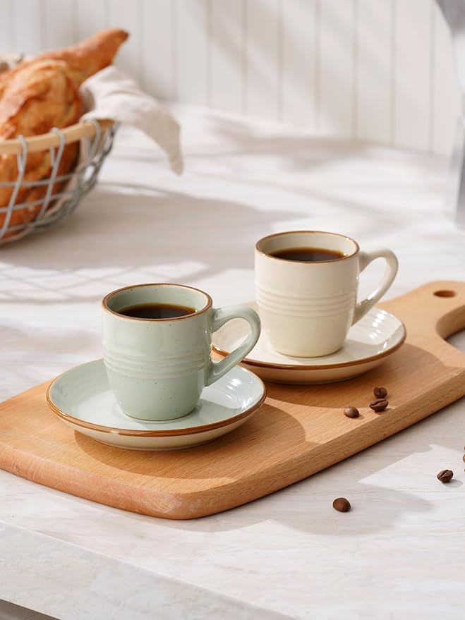 famiware Jupiter Espresso Cups and Saucers Set of 4, 3 oz Ceramic Small Coffee Mug with Handle, Spiral Stoneware Demitasse Cup for Tea, Latte, Cafe - Microwave & Dishwasher Safe, Multi-color