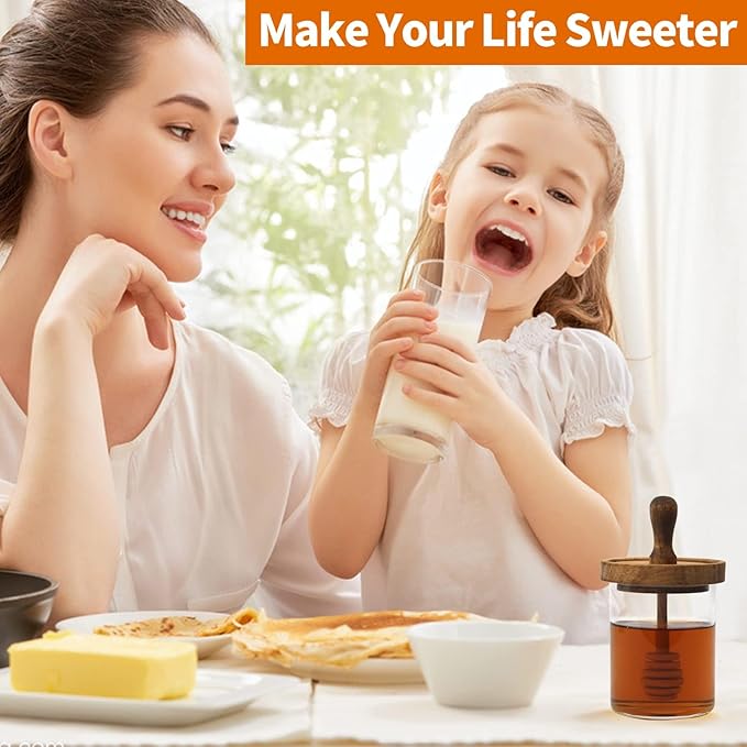 Honey Jar with Dipper and Lid - Glass Honey Pot with An Extra Wooden Dipper Stick, Home Kitchen Honey Containers Holder with Wider Diameter to Store Honey and Syrup, Airtight 13.5 oz