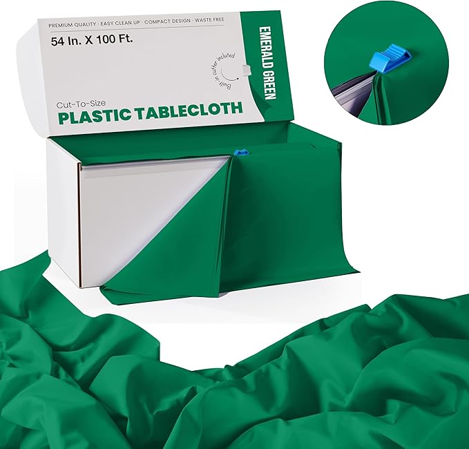Exquisite Party Solids 54 Inch X 100 Feet Emerald Green Plastic Table Cover Roll in A Cut - to - Size Box with Convenient Slide Cutter. Cuts Up to 12 Rectangle 8 Feet Plastic Disposable Tablecloths
