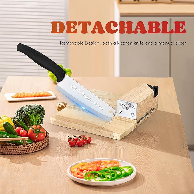 Moongiantgo Biltong Slicer Jerky Slicer Cutter with Built-in Knife Sharpener Detachable Knife Rubber Wood Base for Beef Jerky Deli Delicatessen Bacon Hard Fruits Vegetables Herb Ginseng Pastry
