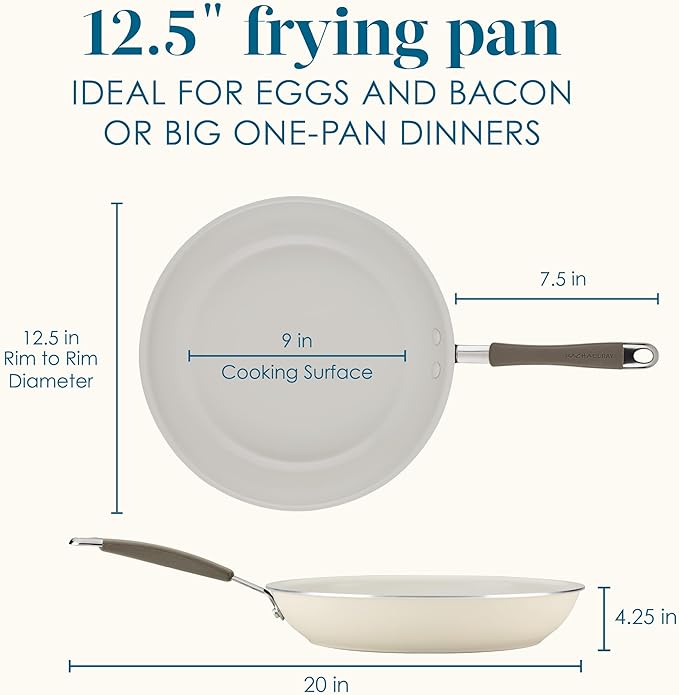 Rachael Ray Cucina Ceramic Nonstick Frying Pan/Skillet, 12.5 Inch Non Stick Open Fry Pan, Dishwasher Safe - Almond
