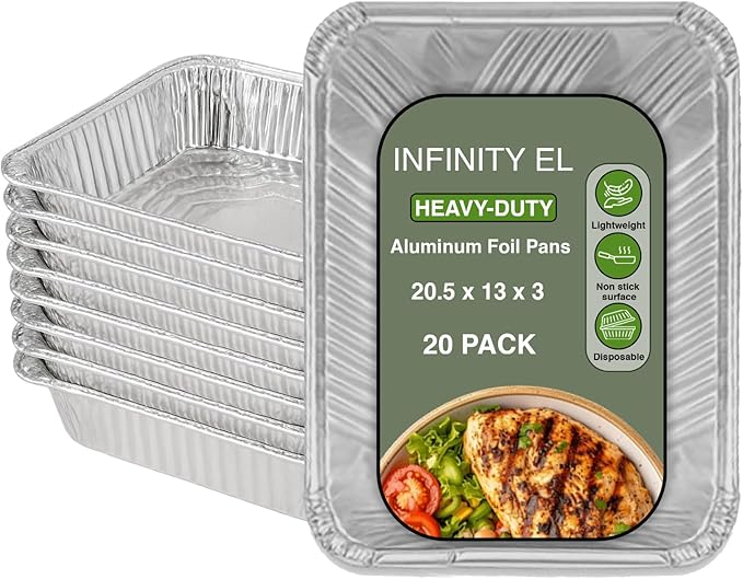 INFINITY EL Disposable Aluminum Foil Pans 20 Pack | Full Size 20.5" x 13" x 3" Deep Disposable Pan, Aluminum Baking Pan | Heavy Duty Foil Pan for Roasting Turkey, Lasagna, Thanksgiving, Christmas