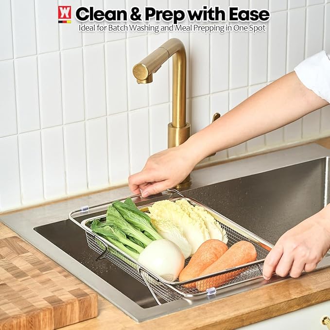 Extendable Dish Rack with Feet, Vegetable Colander Basket, Stainless Steel Dish or Silverware Drying Rack, Ultimate Kitchen Organizer Over The Sink (11.81 x 8.27 x 2.76 Inches)