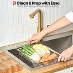 Extendable Dish Rack with Feet, Vegetable Colander Basket, Stainless Steel Dish or Silverware Drying Rack, Ultimate Kitchen Organizer Over The Sink (11.81 x 8.27 x 2.76 Inches)