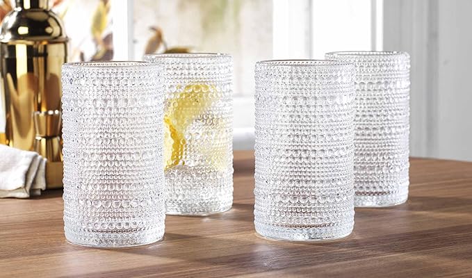 Glaver's Hobnail Drinking Glasses, Set of 4 Clear Vintage Beaded Glass Cups, 15 Oz. Cocktail Drinking Glassware Set, For Water Juice, Smoothies. Home, Dinner, Bar uses.