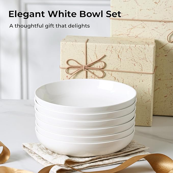 Y YHY Pasta Bowls, 22 Ounce Salad White Bowl Plates Set of 6, Porcelain Dishes for Serving Dinner - Dinnerware Sets Microwave Dishwasher Safe Thanksgiving Day Gift