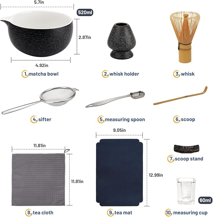 10-Pcs Matcha Whisk Set Kit, Whisk and Bowl with Spout & Measuring Spoon & Cup, Japanese Tea Making Tools, Charcoal Grey