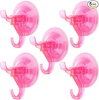 Antimbee Suction Hooks, 5 Pack Clear Hanger, Removable Small Suction Cups for Shower, Bathroom, Glass, Door, Windows, Kitchen - Up to 11 lbs on Smooth Surface - 2 Hooks Design (Transparent Pink)