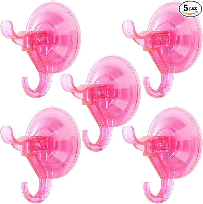 Antimbee Suction Hooks, 5 Pack Clear Hanger, Removable Small Suction Cups for Shower, Bathroom, Glass, Door, Windows, Kitchen - Up to 11 lbs on Smooth Surface - 2 Hooks Design (Transparent Pink)