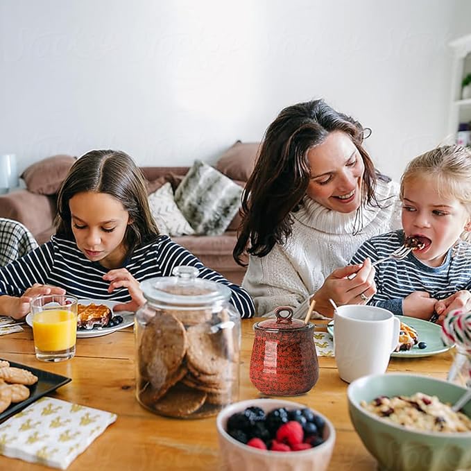 Hasense 12-Ounce Honey Jar with Lid and Wooden Dipper, Ceramic Honey-Dipper Stick and Jar Set, Red Small Honey-Container for Holiday Gift, Dishwasher Safe