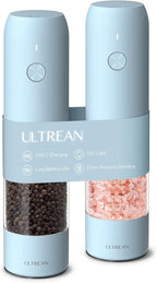 Ultrean Electric Pepper Grinder, Rechargeable Salt and Pepper Grinder with 6 Adjustable Coarseness, LED Light, One-Hand Automatic Operation, Sky Blue