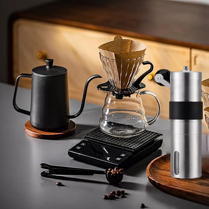 Manual Coffee Grinder, Hand Coffee Mill, Adjustable Settings With Black Anti Slip Sheath, Portable Conical Burr Grinder for Household, Office, Camping or Travel Ect Multi Scenario Usage, Silvery.