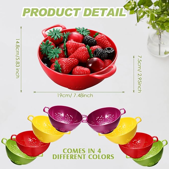 Baderke 4 Pack Mini Colander for Kitchen Plastic Berry Strainer with Double Handles 7.5 x 6 x 3 Inch Small Colander Strainer for Fruits Vegetables Food (Green, Purple, Red, Lemon Yellow)