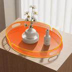Acrylic Serving Tray with Handles Large Decorative Ottoman Tray 17x13'' Round for Bathroom Food Coffee Fruit Snack Tea Dinner Living Room, Neon Orange