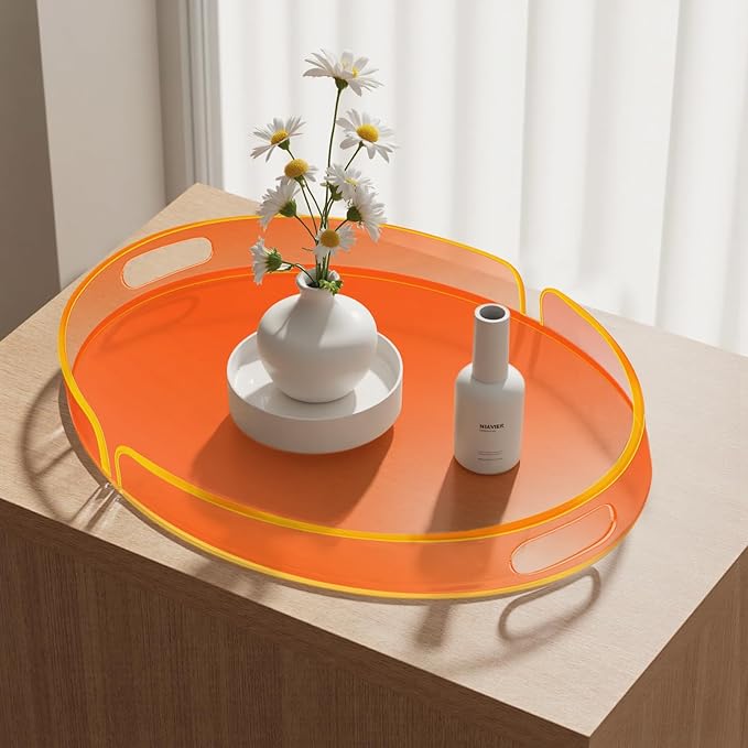 Acrylic Serving Tray with Handles Large Decorative Ottoman Tray 17x13'' Round for Bathroom Food Coffee Fruit Snack Tea Dinner Living Room, Neon Orange