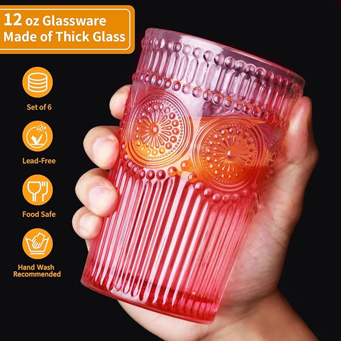 6pcs Vintage Drinking Glasses Set, 12 oz Pink Highball Glasses, Embossed Ribbed Glassware Cups for Cocktail, Water, Juice, Coffee, Whiskey