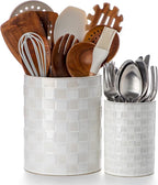 Kitchen Utensil Holder - 7.2"+5.4" Ceramic Utensil Holder for Countertop, Spatula Holder for Counter, Large Embossed Utensil Crock, Farmhouse Utensil Vase for Housewarming, Kitchen Decor, Set of 2