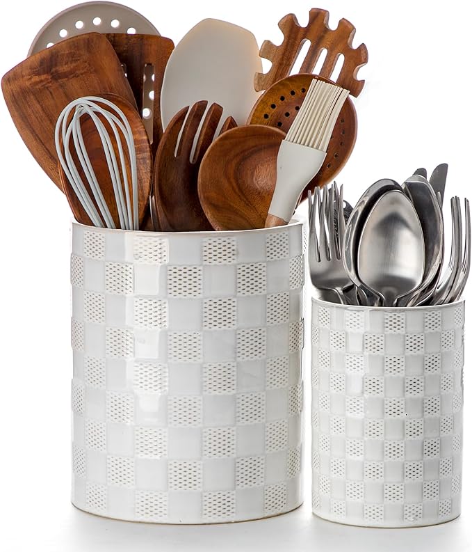 Kitchen Utensil Holder - 7.2"+5.4" Ceramic Utensil Holder for Countertop, Spatula Holder for Counter, Large Embossed Utensil Crock, Farmhouse Utensil Vase for Housewarming, Kitchen Decor, Set of 2