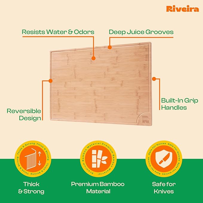 Riveira Brown Bamboo Wood Cutting Board – Gourmet Bamboo Grandeur: 36 x 24 Wooden Cutting Board – Wooden Cutting Boards For Kitchen Decorative – Innovative Juice Grooves Wooden Chopping Board