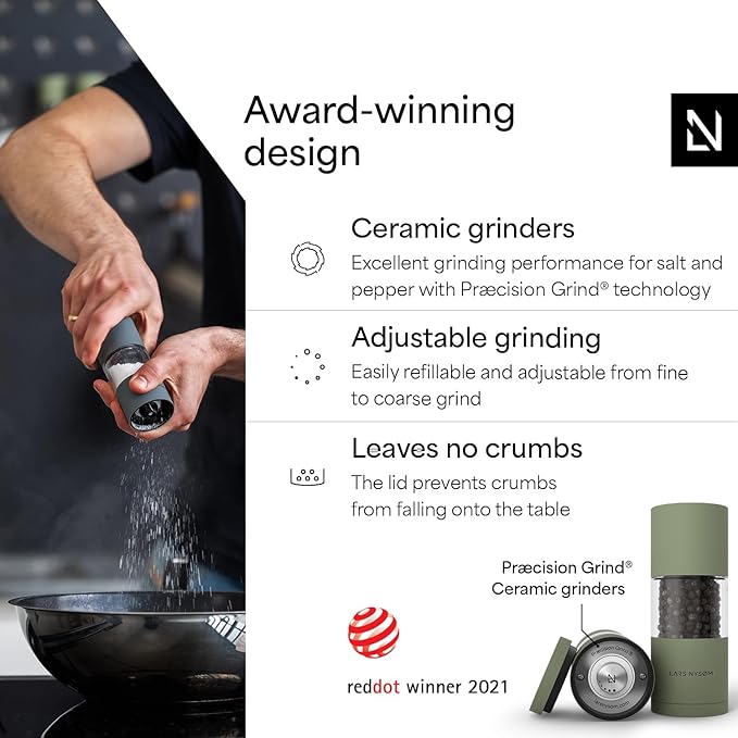 LARS NYSØM Salt and Pepper Grinder Set I Salt and Pepper Mills with Adjustable Ceramic Grinder 2 pieces I Manual Design Spice Mill Set (Sage Green)