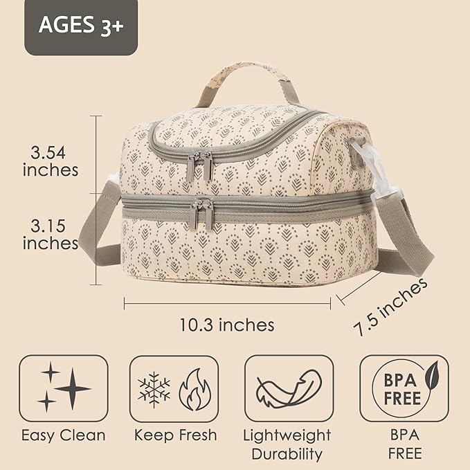 Insulated Kids Dual Compartment Lunch Bags Tote for Girls Boys Toddler Lunch Boxes Pre-School Toddler Kindergarten Picnic Camp Food Cooler Thermal with Strap (Z Beige)